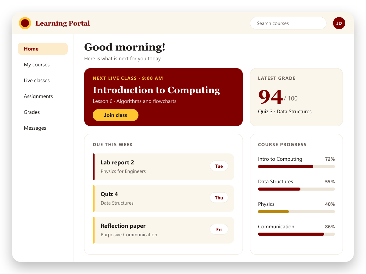 Illustration of the learning portal home: the next live class, work due this week, the latest grade and course progress